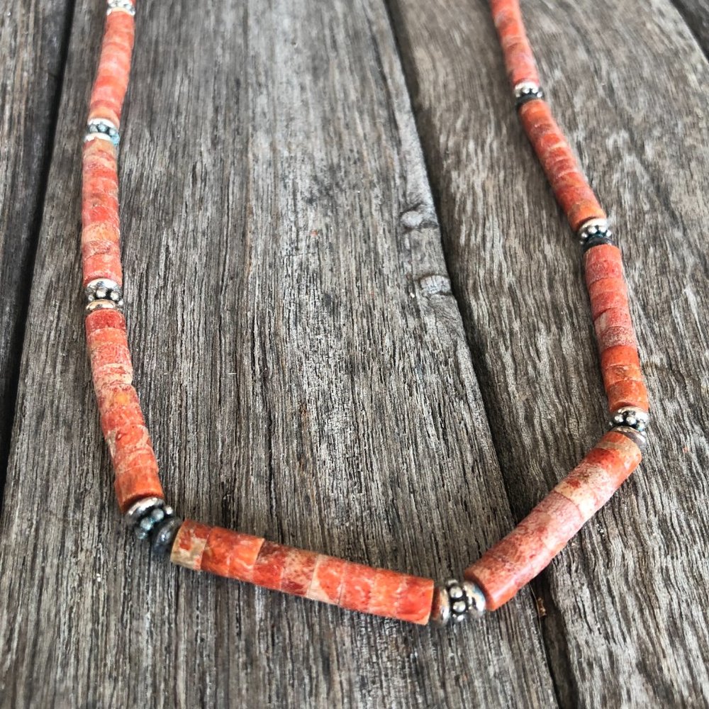 Natural Coral Crackle Agate Gem Stone necklace with sterling silver